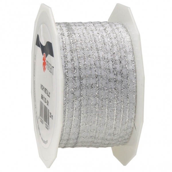 Vichy-METALLIC-Karoband, silber-weiss: 10mm breit / 20m-Rolle