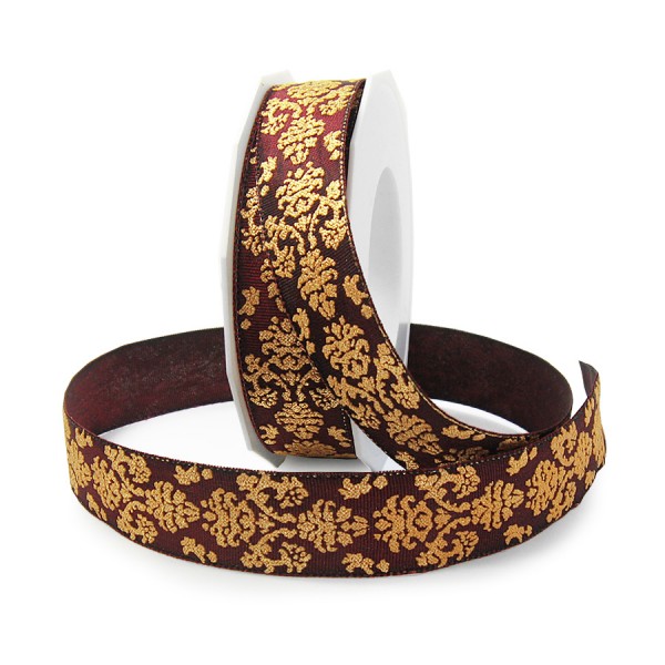 Weihnachtsband "ROYAL": 25mm breit / 15m-Rolle, bordeaux-gold