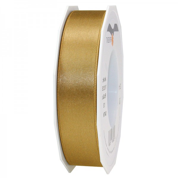 Satinband-PRÄSENT, gold: 25mm breit / 25m-Rolle, mit feiner Webkante.