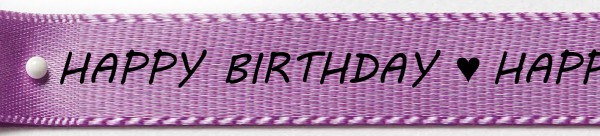 Satinband-HAPPY BIRTHDAY-schwarze Schrift: 15mm breit / 25m-Rolle, lavendel