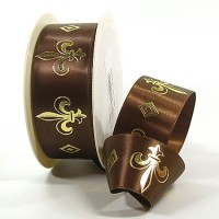 Fleur de Lys: Geschenkband aus Satin, 38mm breit / 25m-Rolle, braun-gold Fleur de Lys: Geschenkband aus Satin, 38mm breit / 25m-Rolle, braun-gold