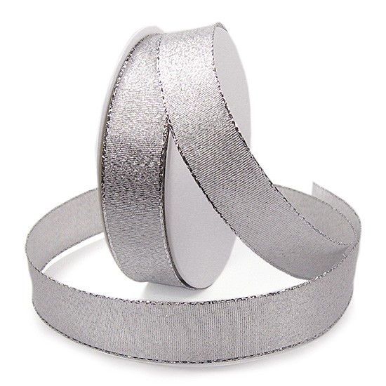 Brokatband, silber: 25mm breit / 25m-Rolle, mit Drahtkante.