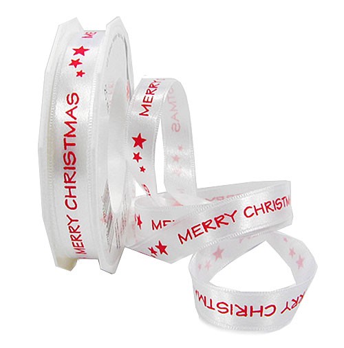 Satinband - MERRY CHRISTMAS: 15mm breit / 20m-Rolle, weiss