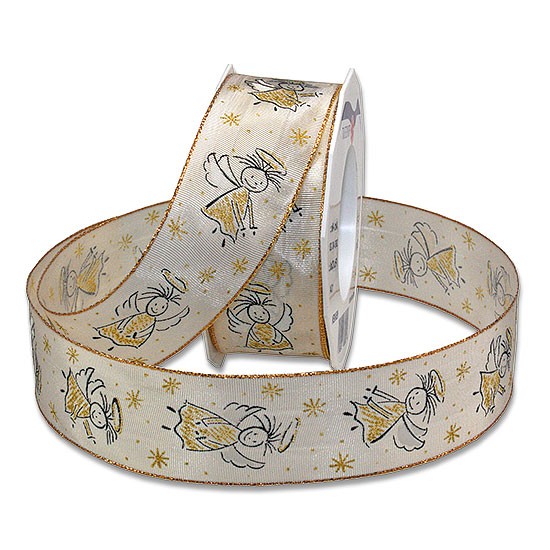 Weihnachtsband - HEAVEN: 40mm breit / 20m-Rolle, creme-gold