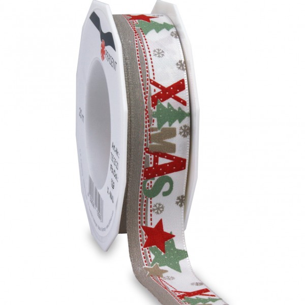 Weihnachtsband-XMAS: 25mm breit / 20m-Rolle, mit Webkante, creme-rot
