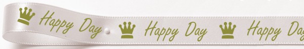 Satinband "Happy Day": 15mm breit / 25m-Rolle: weiss (001)
