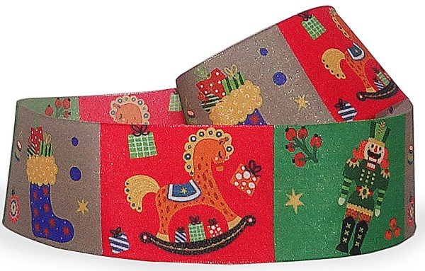 Weihnachtsband-NOSTALGIA, Mehrfarbig: 40mm breit / 25m-Rolle, mit Drahtkante