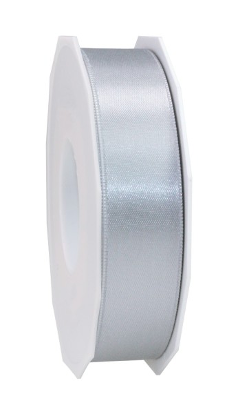Satinband-PRÄSENT, silber-grau: 25mm breit / 25m-Rolle, mit feiner Webkante.
