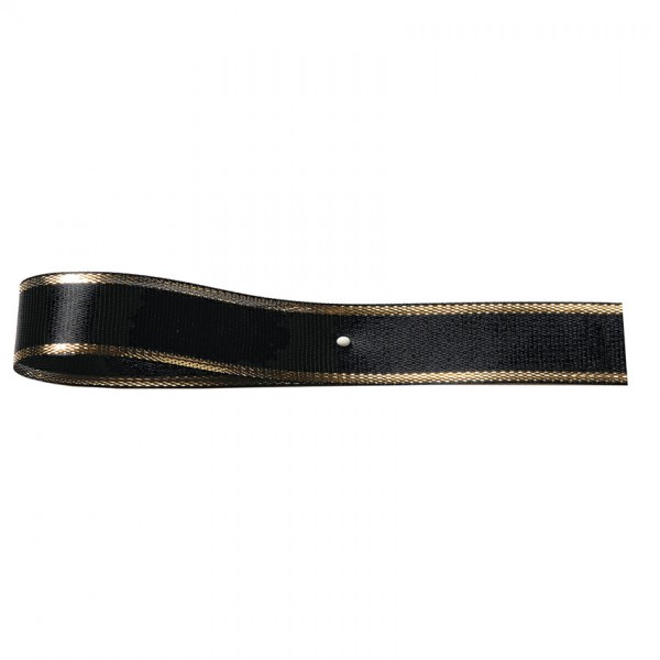 Satinband-EASY, schwarz-gold: 10mm breit / 25m-Rolle, mit Lurex-Gold-Kante.