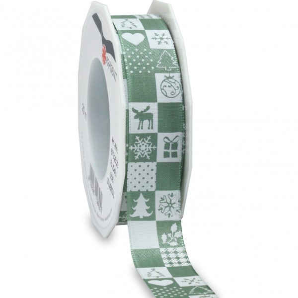 Weihnachtsband-ZILLERTAL: 25mm/20m-Rolle, altgrün/weiss