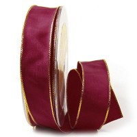 BASIC-Taftband, weinrot-gold: 25mm breit / 25m-Rolle, mit Drahtkante und mit feiner Lurex-Goldkante. BASIC-Taftband, weinrot-gold: 25mm breit / 25m-Rolle, mit Drahtkante und mit feiner Lurex-Goldkante.