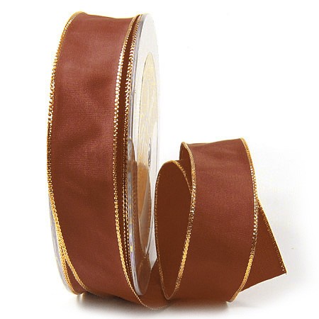 BASIC-Taftband, braun-gold: 25mm breit / 25m-Rolle, mit Drahtkante und mit feiner Lurex-Goldkante.