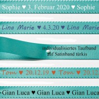 Individualsiertes Taufband - Satinband Türkis: 15mm breit / 25m-Rolle Individualsiertes Taufband - Satinband Türkis: 15mm breit / 25m-Rolle