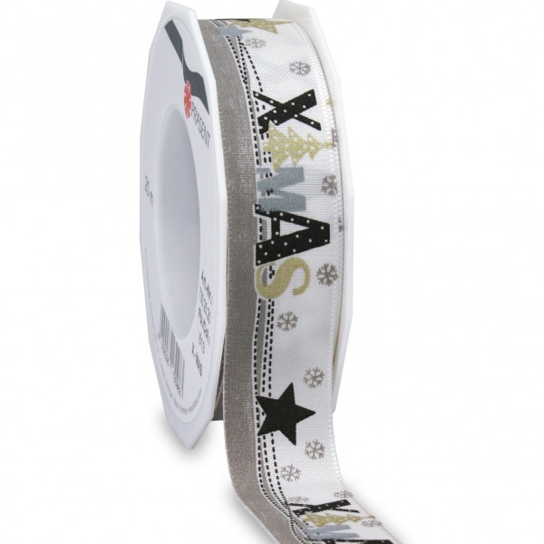 Weihnachtsband-XMAS: 25mm breit / 20m-Rolle, mit Webkante, weiss-schwarz