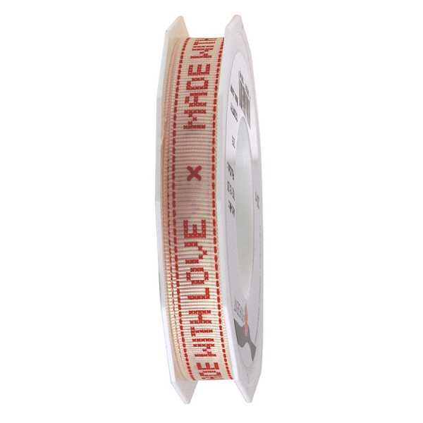 Country "MADE WITHE LOVE" - Ripsband, bedruckt: 15mm breit / 20m-Rolle