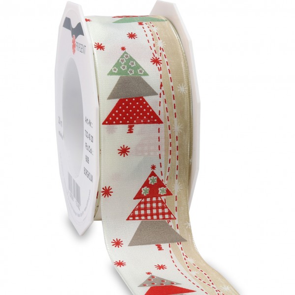Weihnachtsband-BORGHOLM: 40mm breit / 20m-Rolle, mit Drahtkante, creme-rot