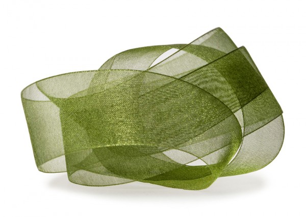 Organzaband-CHIFFON, moosgrün: 40mm breit / 50m-Rolle, mit feiner Webkante.