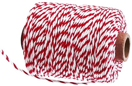Bäckergarn, rot-weiß: 2mm breit / 50m-Rolle.