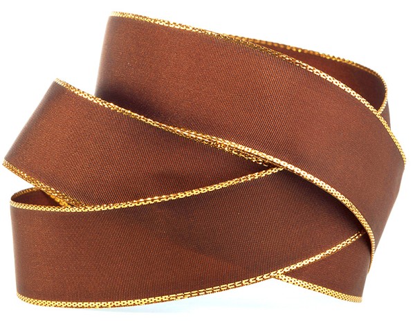 BASIC-Taftband, braun-gold: 38mm breit / 25m-Rolle, mit Drahtkante und mit feiner Lurex-Goldkante.