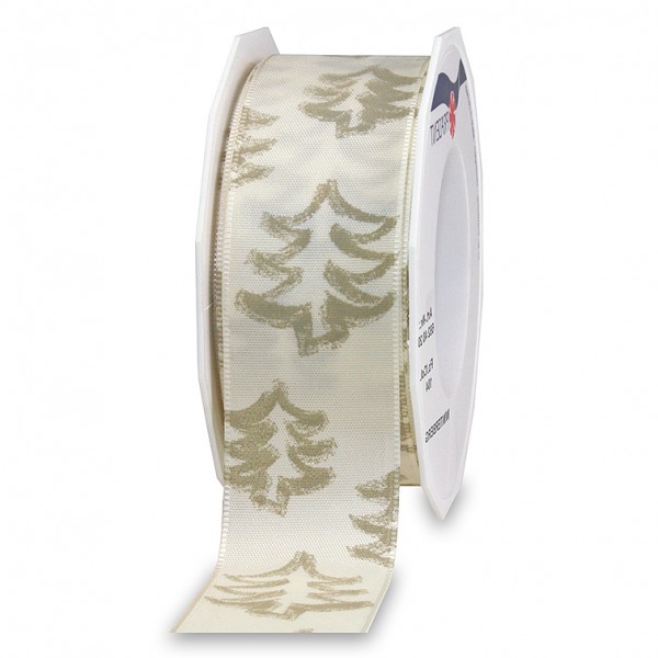 Weihnachtsband-WINTERBERG: 40mm breit / 20m-Rolle, mit Webkante, creme-gold