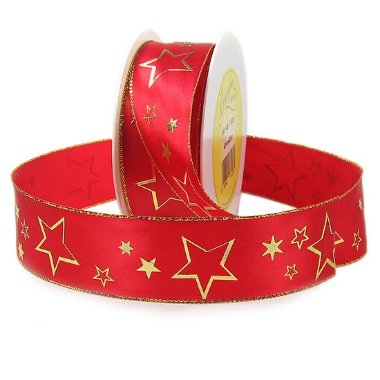 Weihnachtsband-CIELO, rot-gold: 40mm breit / 25m-Rolle, mit Drahtkante