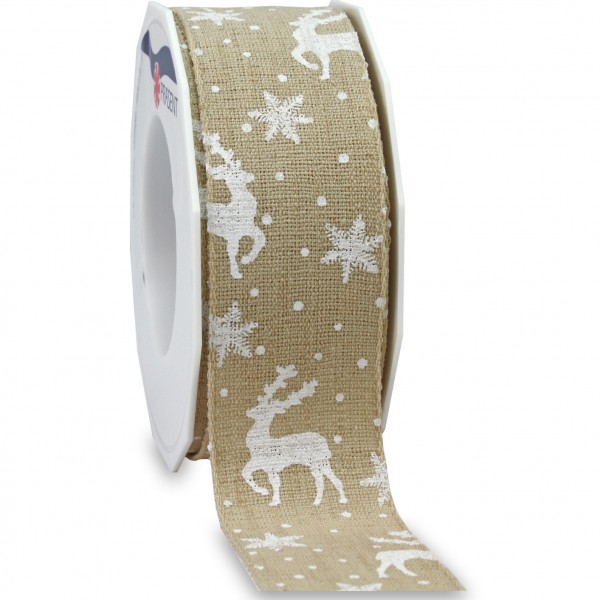 Weihnachtsleinenband-TRONDHEIM: 40mm breit / 15m-Rolle natur/weiss