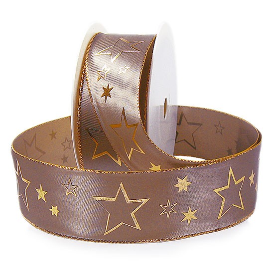 Weihnachtsband-GALAXY: 40mm breit / 25m-Rolle, taupe-gold