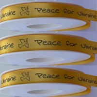 Satinband "Peace for Ukraine", gelb: 15mm breit / 25m-Rolle Satinband "Peace for Ukraine", gelb: 15mm breit / 25m-Rolle