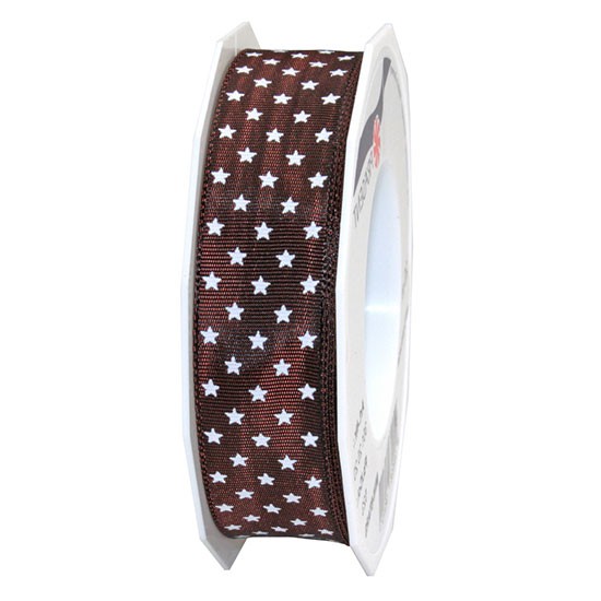 Weihnachtsband MINI-STARS: 25mm breit / 20m-Rolle, dunkelbraun