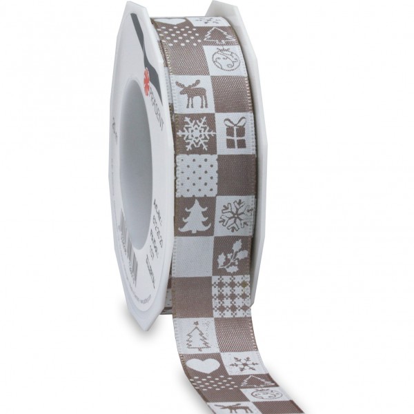 Weihnachtsband-ZILLERTAL: 25mm/20m-Rolle, sandstein/weiss