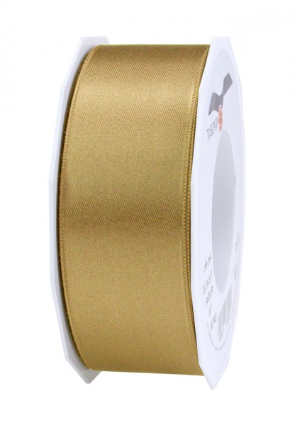 Satinband-PRÄSENT, gold: 40mm breit / 25m-Rolle, mit feiner Webkante.