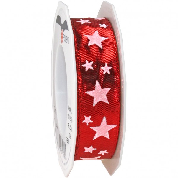 Weihnachtsband-STAR: 25mm breit / 20m-Rolle, mit Drahtkante - rot
