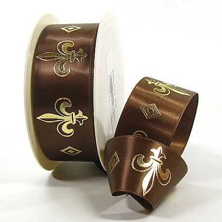 Fleur de Lys: Geschenkband aus Satin, 38mm breit / 25m-Rolle, braun-gold