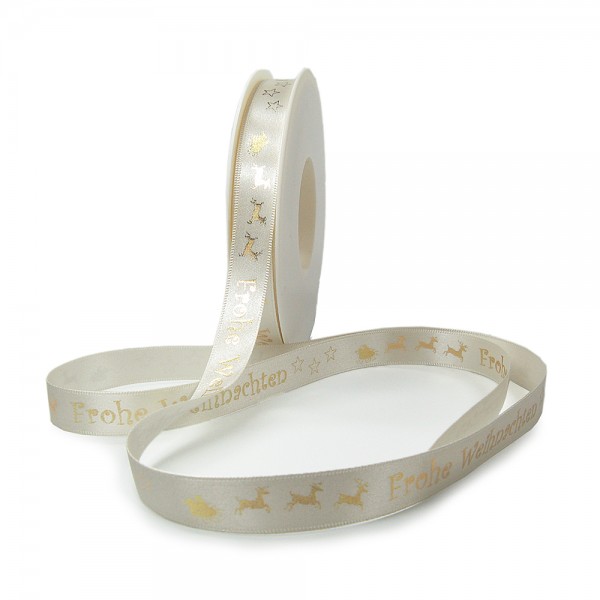 Weihnachtsband-Satin-15mm breit/25m Rolle, creme, gold-hochglanz