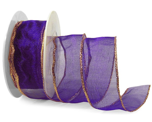 Organzaband mit LUREX-Drahtkante, 40mm breit / 25m-Rolle, violett-gold.