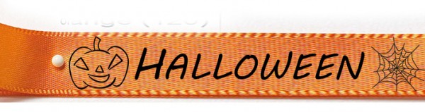 HALLOWEEN 2019 - Doppelsatinband orange mit schwarzem Druck: 15mm breit / 25m-Rolle