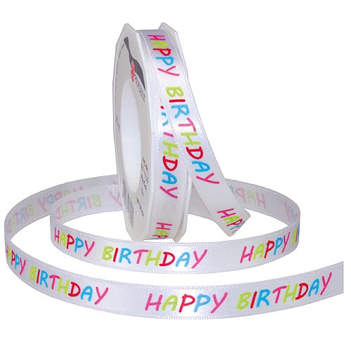 Geburtstagsband: HAPPY BIRTHDAY, 15mm breit / 20m-Rolle, mit feiner Webkante