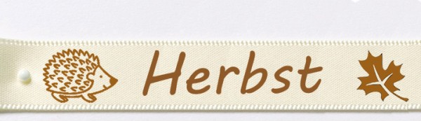 Herbstband aus Doppelsatinband creme - Igel-Herbst-Blatt 15mm breit / 25m-Rolle