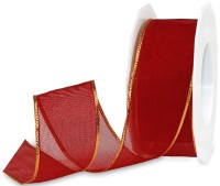 Organzaband mit LUREX-Drahtkante, 40mm breit / 25m-Rolle, weinrot-gold. Organzaband mit LUREX-Drahtkante, 40mm breit / 25m-Rolle, weinrot-gold.