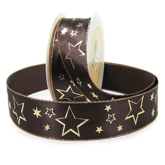 Weihnachtsband-GALAXY: 40mm breit / 25m-Rolle, dunkelbraun-gold