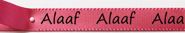 Karnevals-Satinband Alaaf: 15mm breit / 25m-Rolle: pink mit schwarzer Schrift