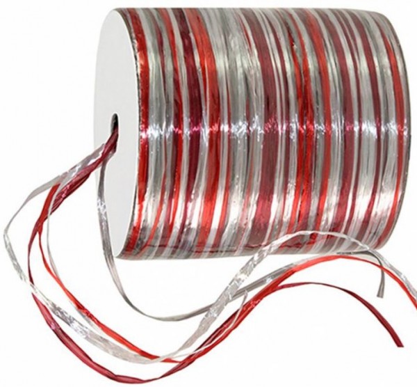 Raffia Pearl - Multicolor - Bindebast, rot-weinrot-silber - 50m-Rolle.