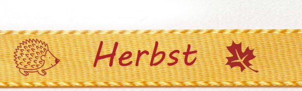 Herbstband aus Doppelsatinband gelb mit weinrotem Aufdruck Igel-Herbst-Blatt: 15mm breit / 25m-Rolle