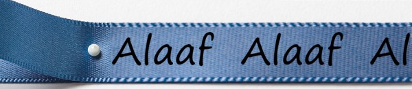 Karnevals-Satinband Alaaf: 15mm breit / 25m-Rolle: blau mit schwarzer Schrift