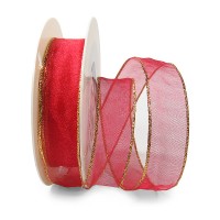 Organzaband mit LUREX-Drahtkante, 25mm breit / 25m-Rolle, rot-gold. Organzaband mit LUREX-Drahtkante, 25mm breit / 25m-Rolle, rot-gold.
