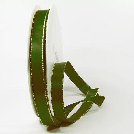Satinband Grün mit Lurex-Goldkante: 15mm breit / 50m-Rolle