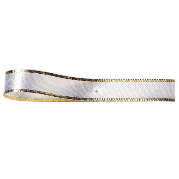 Satinband-EASY, weiß-gold: 10mm breit / 25m-Rolle, mit Lurex-Gold-Kante.