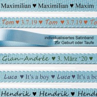 Individualsiertes Taufband - Satinband hellblau: 15mm breit / 25m-Rolle Individualsiertes Taufband - Satinband hellblau: 15mm breit / 25m-Rolle