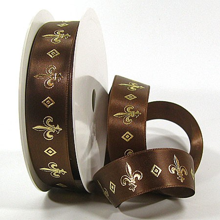 Satinband "Fleur de Lys" braun-gold, 25mm breit / 25m-Rolle